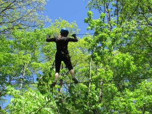 person hanging onto wires while navigating a treetop challenge course in new york