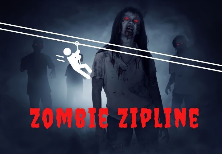 Zombie Zipline zombies with a person zip lining on a halloween zombie zip line tour