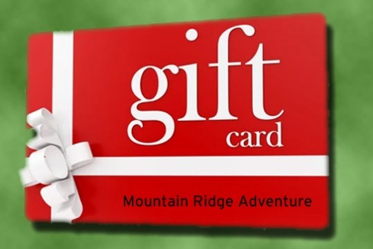 Red gift card with white ribbon and text 'gift card' and 'Mountain Ridge Adventure'.