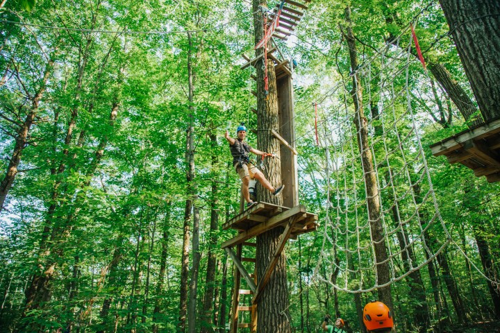 Person on a wooden platform in treetop rope course in a forest.