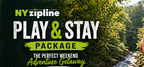Person ziplining over a forested valley, NY Zipline Play & Stay Package advertisement.