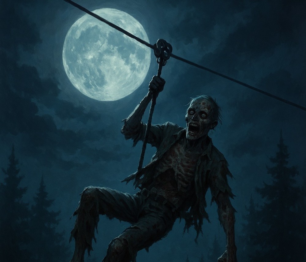 Zombie on zip line against a full moon in a dark forest.